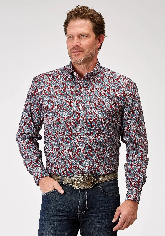 Men’s lightweight casual shirt-Roper Mens 1935 River Paisley Red 100% Cotton Btn L/S Shirt