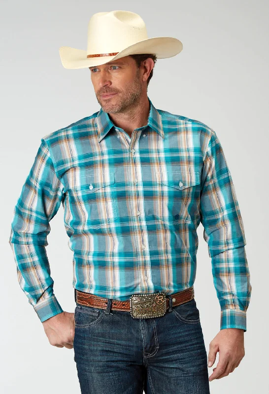 Men’s lightweight denim shirt-Roper Mens 1939 Waters Edge Multi-Color 100% Cotton Btn L/S Shirt