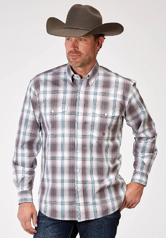 Men’s patterned casual shirt-Roper Mens 1941 Cloud Plaid Grey 100% Cotton Btn L/S Shirt