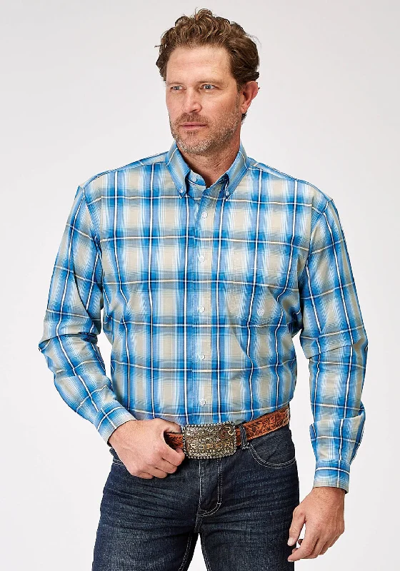 Men’s relaxed-fit cotton shirt-Roper Mens 1942 Chicory Ombre Blue 100% Cotton 1 Pkt L/S Shirt