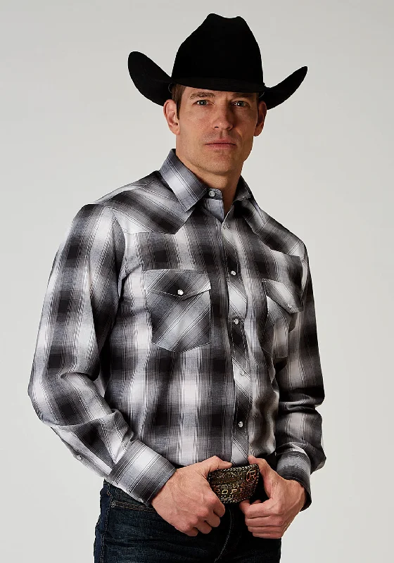 Men’s modern plaid shirt-Roper Mens 1972 Plaid Black Cotton Blend L/S Shirt