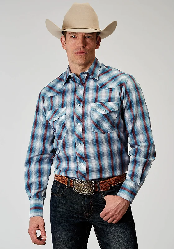 Men’s long-sleeve white shirt-Roper Mens 1973 Americana Plaid Grey Cotton Blend L/S Shirt