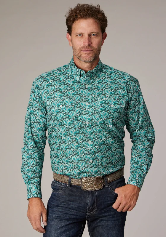 Men’s tailored business shirt-Roper Mens 2018 Jade Paisley Green 100% Cotton Btn L/S Shirt