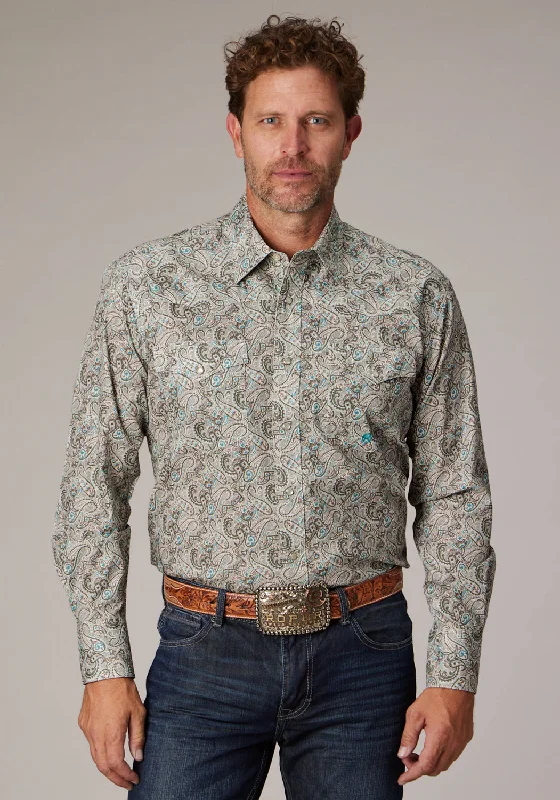 Men’s breathable flannel shirt-Roper Mens 2022 Sand Dune Paisley Khaki 100% Cotton L/S Shirt