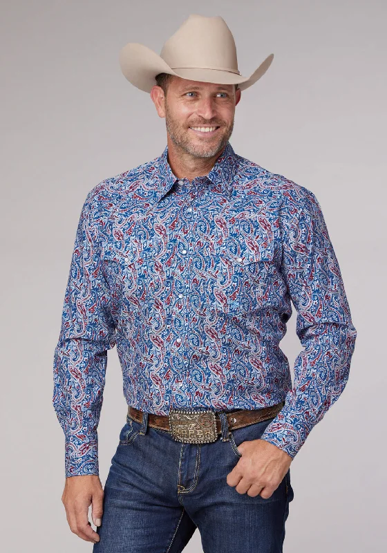 Men’s short-sleeve Hawaiian shirt-Roper Mens 2024 River Paisley Blue 100% Cotton L/S Shirt