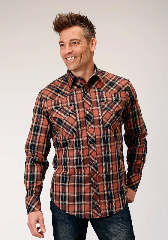 Men’s long-sleeve casual shirt-Roper Mens Arrow Dobby Plaid Brown 100% Cotton L/S Shirt