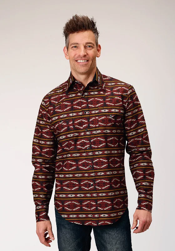 Men’s tailored checkered shirt-Roper Mens Aztec Horizontal Red 100% Cotton L/S Shirt