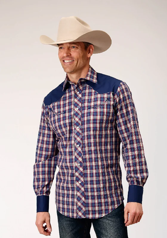 Men’s versatile casual shirt-Roper Mens Cream Plaid Blue Cotton Blend L/S Shirt