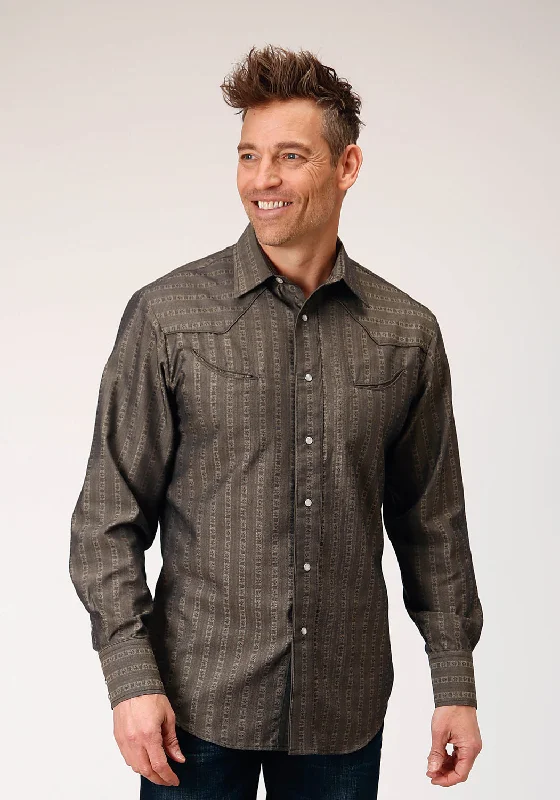 Men’s short-sleeve denim shirt-Roper Mens Floral Tone on Tone Grey Poly/Cotton L/S Shirt