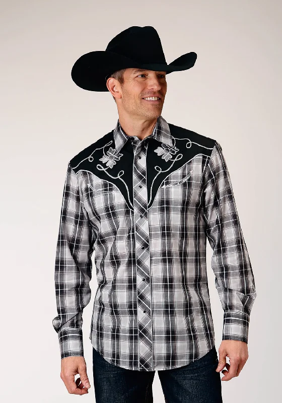 Men’s classic denim shirt-Roper Mens Grey Plaid Black Cotton Blend L/S Shirt