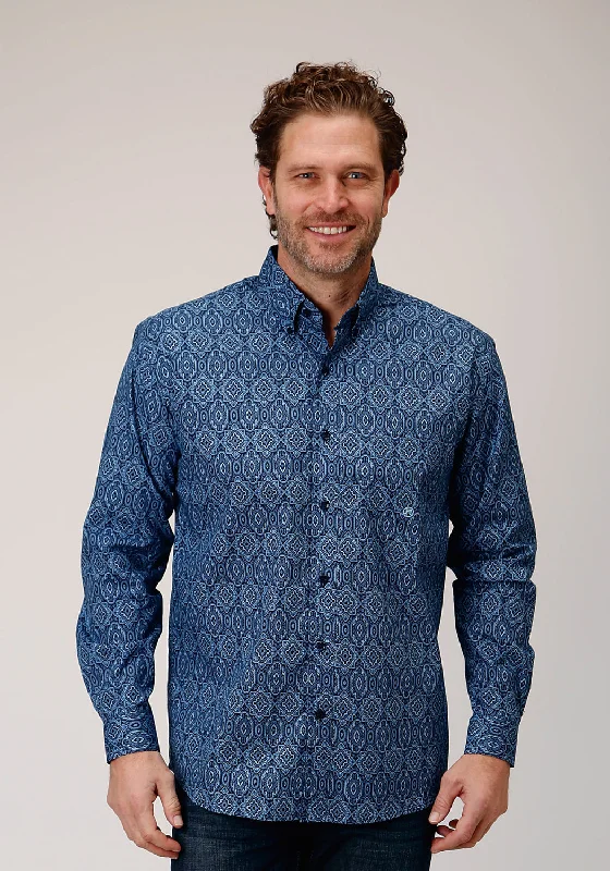 Men’s stylish dress shirt-Roper Mens Medallion Paisley Blue 100% Cotton L/S Shirt