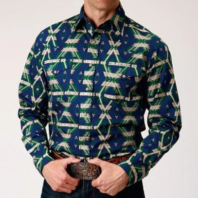 Men’s formal white shirt-Roper Men's Navy Aztec Print Pearl Snap Long Sleeve Shirt