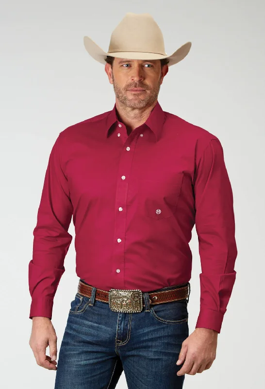 Men’s patterned dress shirt-Roper Mens Poplin Stretch Red Cotton Blend L/S Shirt