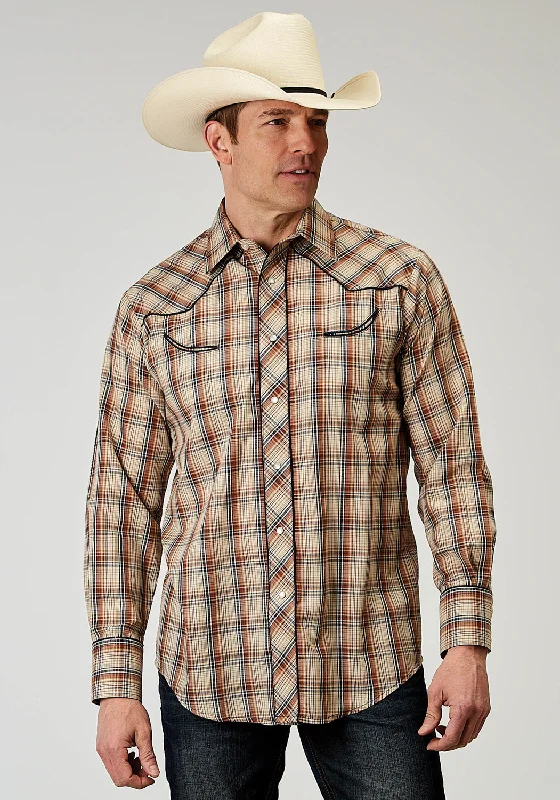 Men’s tailored white shirt-Roper Mens Retro Piped Brown Cotton Blend L/S Shirt