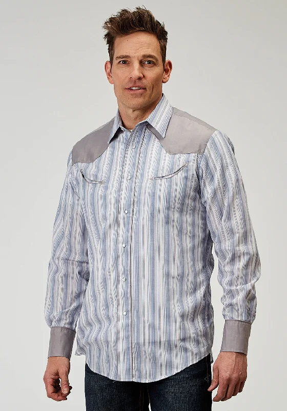 Men’s business white shirt-Roper Mens Retro Piped Fancy Blue Cotton Blend L/S Shirt