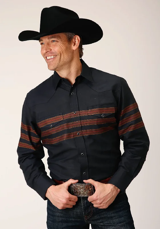 Men’s cotton casual shirt-Roper Mens Saddle Border Stripe Black Cotton Blend L/S Shirt