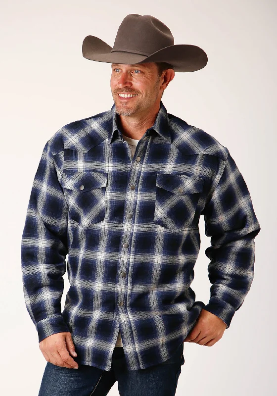 Men’s relaxed-fit plaid shirt-Roper Mens Snap Lined Blue 100% Cotton L/S Shirt