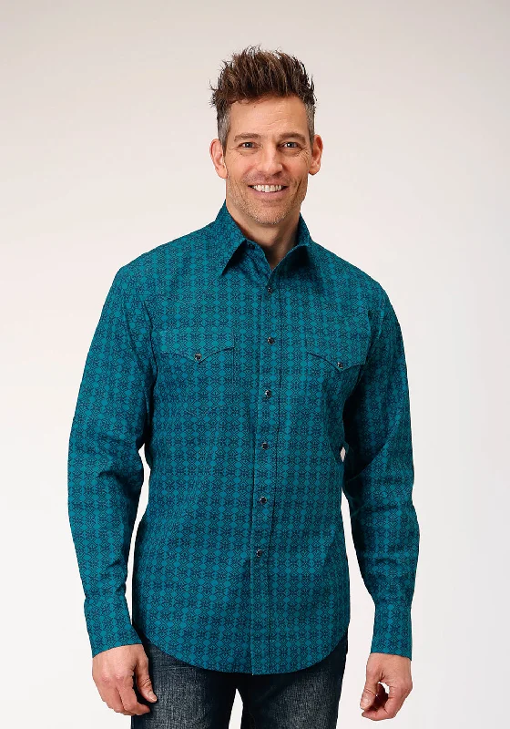 Men’s tailored business shirt-Roper Mens Tiles Print Green 100% Cotton L/S Shirt