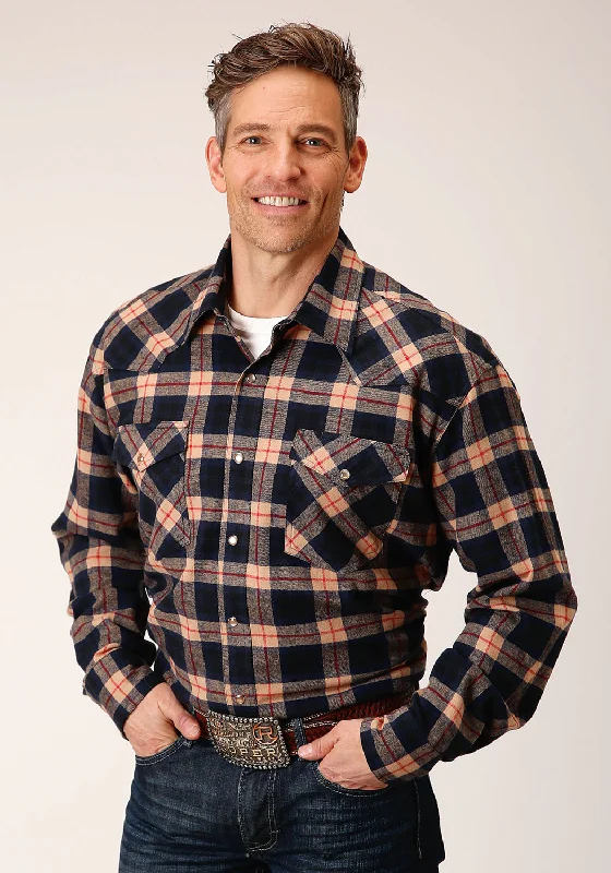 Men’s short-sleeve flannel shirt-Roper Mens Unlined Plaid Navy/Tan 100% Cotton L/S Shirt