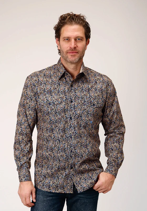 Men’s relaxed-fit linen shirt-Roper Mens Vintage Paisley Blue 100% Cotton L/S Shirt