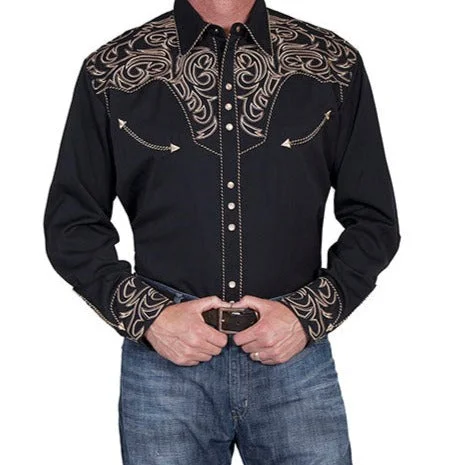 Men’s slim-fit white shirt-Scully Men's Embroidered Scroll Western Snap Shirt in Black