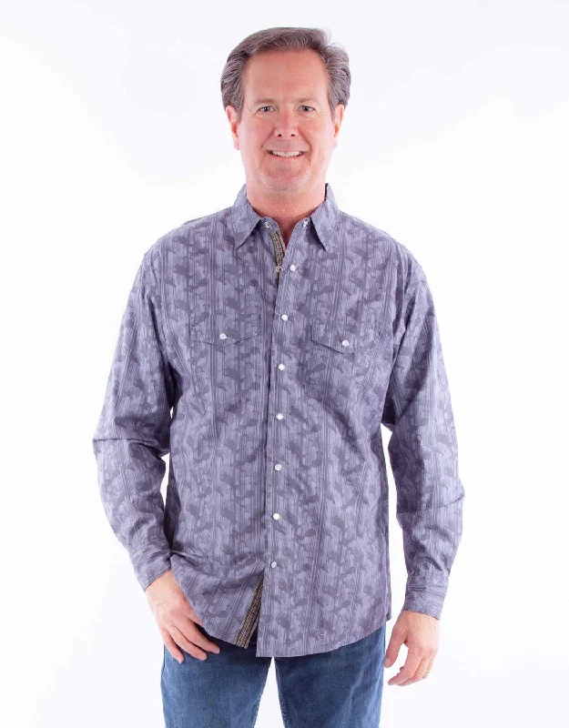 Men’s relaxed-fit plaid shirt-Scully Mens Signature Camo Print Grey 100% Cotton L/S Shirt