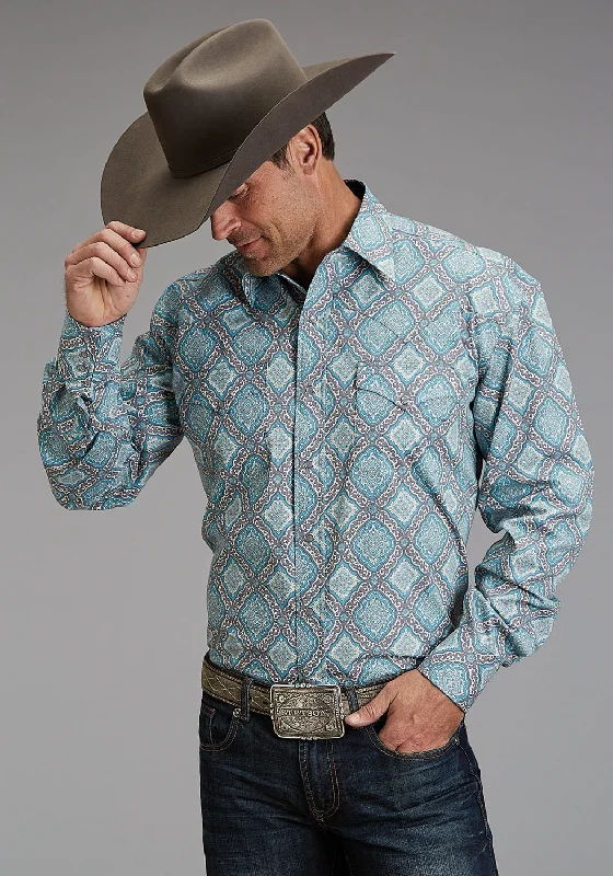 Men’s long-sleeve casual shirt-Stetson Mens 1918 Medallion Turquoise 100% Cotton L/S Shirt