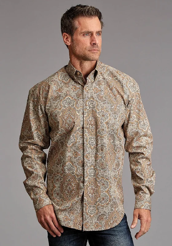 Men’s chambray casual shirt-Stetson Mens 1921 Desert Paisley Brown 100% Cotton 1 Pkt L/S Shirt