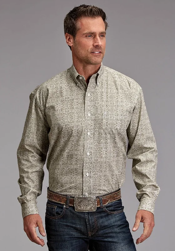 Men’s lightweight summer shirt-Stetson Mens 1922 Sand Medallion Brown 100% Cotton 1 Pkt L/S Shirt