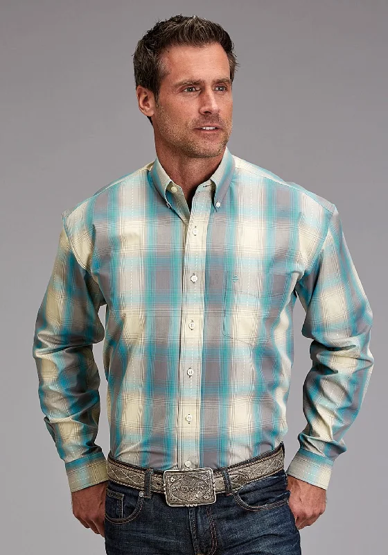 Men’s tailored white shirt-Stetson Mens 1927 Smoke Plaid Turquoise 100% Cotton 1 Pkt L/S Shirt