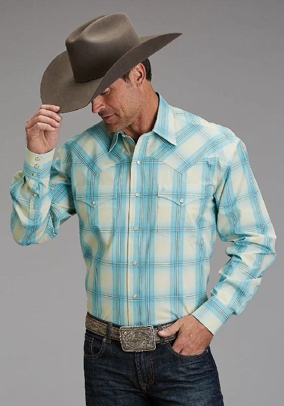 Men’s stylish linen shirt-Stetson Mens 1929 Ombre Aqua 100% Cotton L/S Shirt