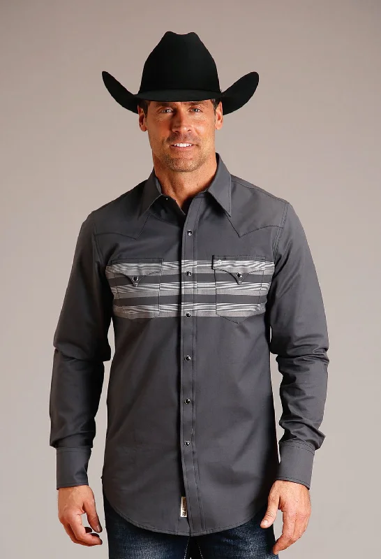 Men’s stylish white shirt-Stetson Mens Border Stripe Black 100% Cotton L/S Shirt