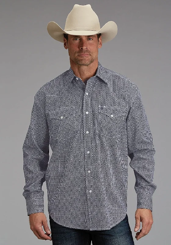 Men’s modern plaid shirt-Stetson Mens Broken Diamond Navy 100% Cotton L/S Shirt