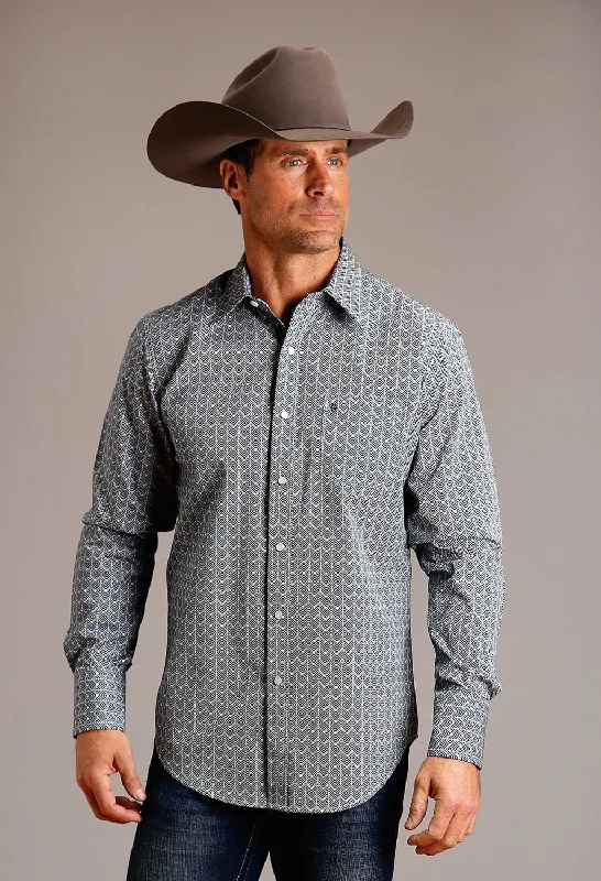 Men’s patterned flannel shirt-Stetson Mens Chevron Grid Blue 100% Cotton L/S Shirt