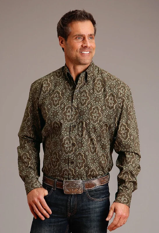 Men’s tailored white shirt-Stetson Mens Grandiose Paisley Brown 100% Cotton L/S Shirt