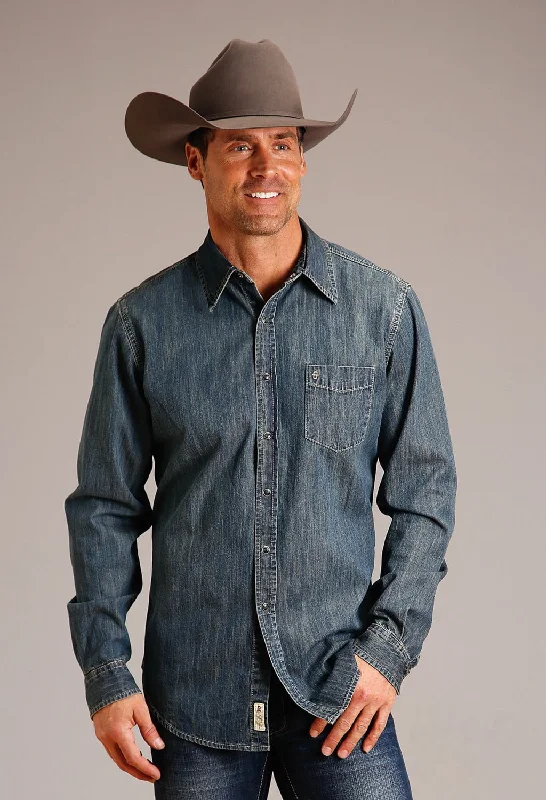 Men’s lightweight denim shirt-Stetson Mens Open Pocket Dark Dirty Denim 100% Cotton L/S Shirt