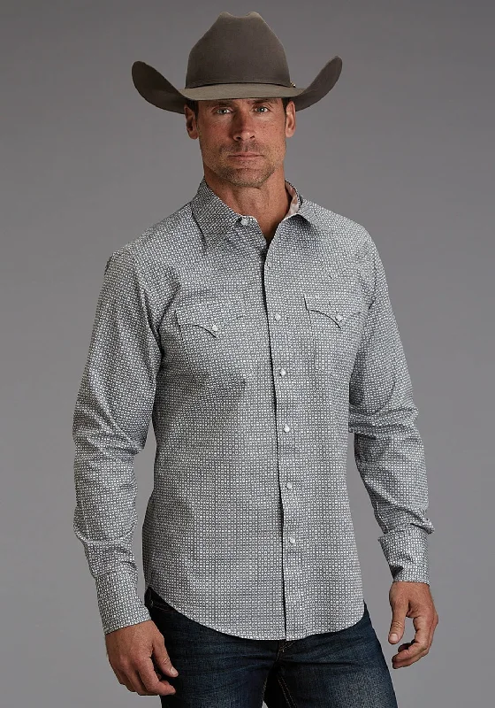 Men’s slim-fit casual shirt-Stetson Mens Reflection Geo Grey 100% Cotton L/S Shirt