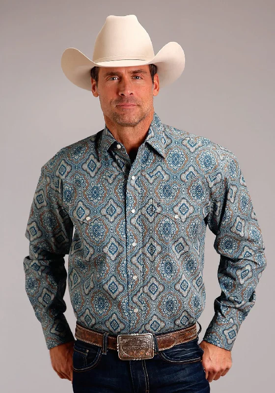 Men’s relaxed-fit cotton shirt-Stetson Mens Sierra Paisley Blue 100% Cotton L/S Shirt