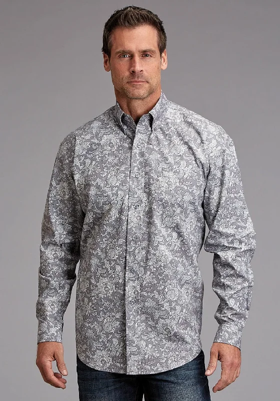 Men’s short-sleeve linen shirt-Stetson Mens Silver Spring Paisley Grey 100% Cotton 1 Pkt L/S Shirt