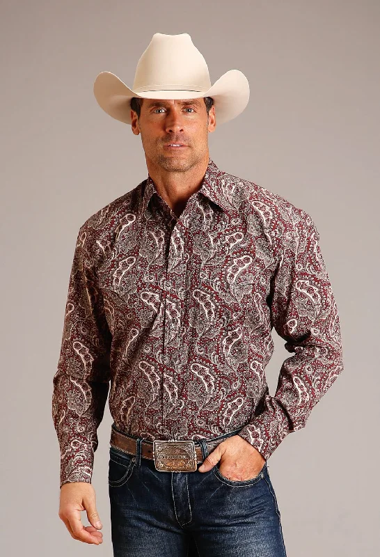 Men’s casual patterned shirt-Stetson Mens Siren Paisley Wine 100% Cotton L/S Shirt