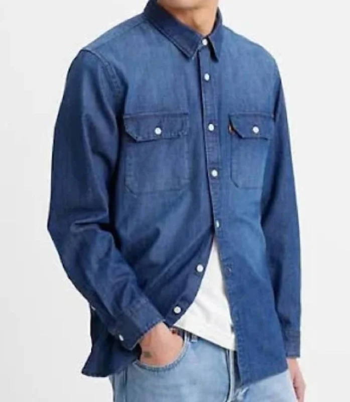 Men’s short-sleeve cotton shirt-The Jackson Worker Overshirt In Worn Indigo Dark Wash