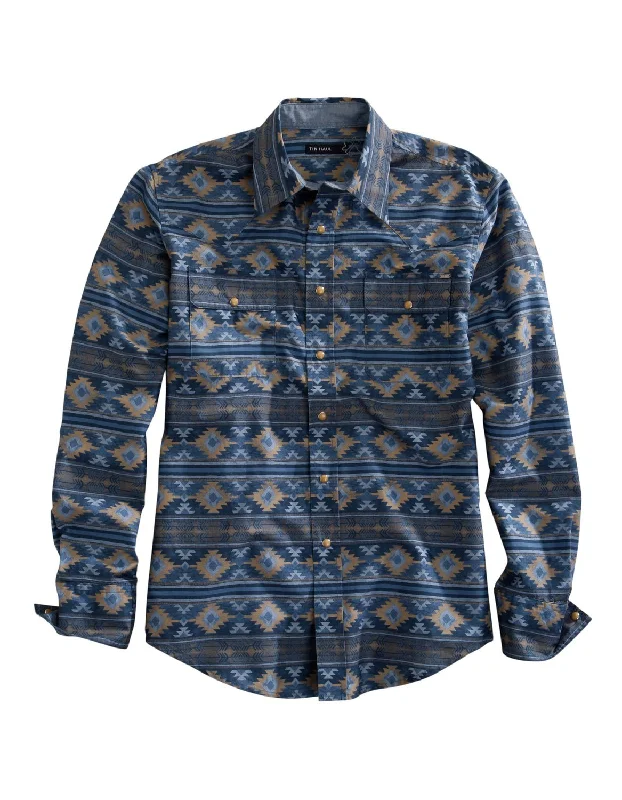 Men’s casual checkered shirt-Tin Haul Mens Indigo Aztec Grey 100% Cotton L/S Shirt