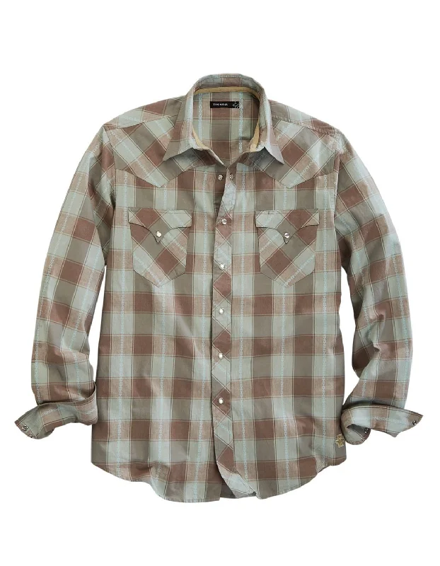 Men’s breathable linen shirt-Tin Haul Mens Sand Check Dobby Brown 100% Cotton L/S Shirt