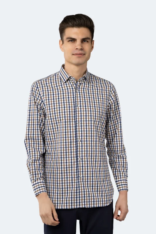 Men’s stylish white shirt-White, Beige and Navy Plaid Shirt