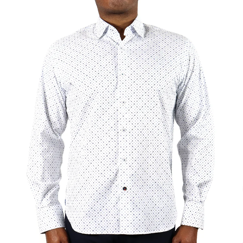 Men’s relaxed-fit Oxford shirt-White with Blue Squares & Ovals