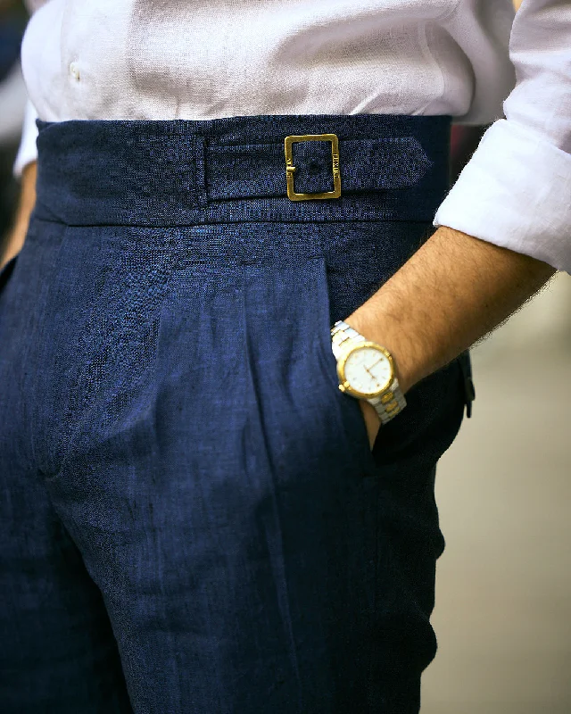 Men’s distressed jogger pants-Gurkha Pants in Linen Dark Indigo